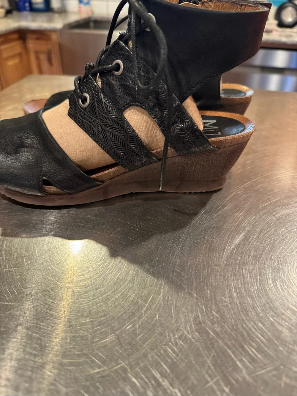 Miz Mooz Black Open-Toe Lace-Up Wedge Sandals